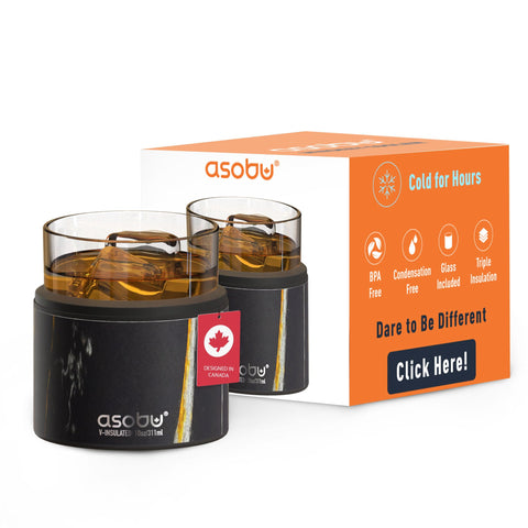 Asobu whiskey glass with insulated sleeve, midnight marble close-up keeps whiskey cold