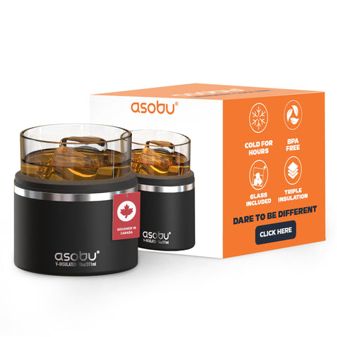 asobu whiskey glass with insulated sleeve keeps drink cold for entertaining