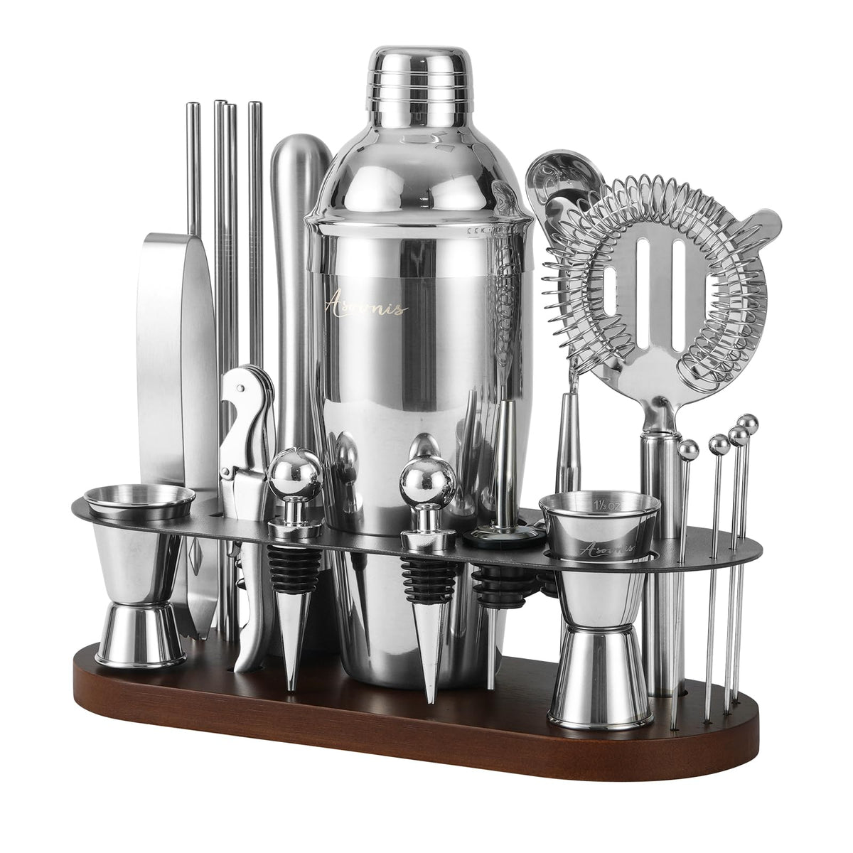 Asovnis 23-piece bartender kit on the counter for professional at-home cocktails.