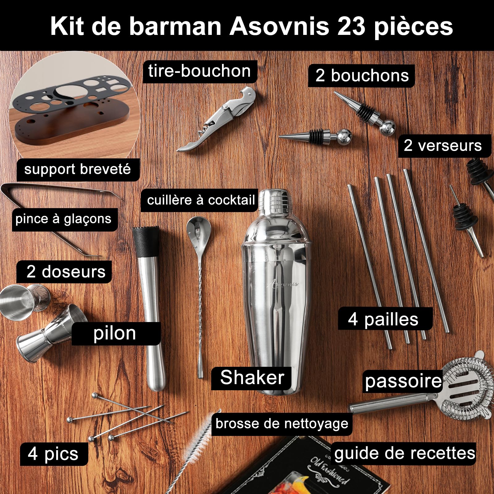 Asovnis stainless steel cocktail shaker features durable, rust-resistant construction.