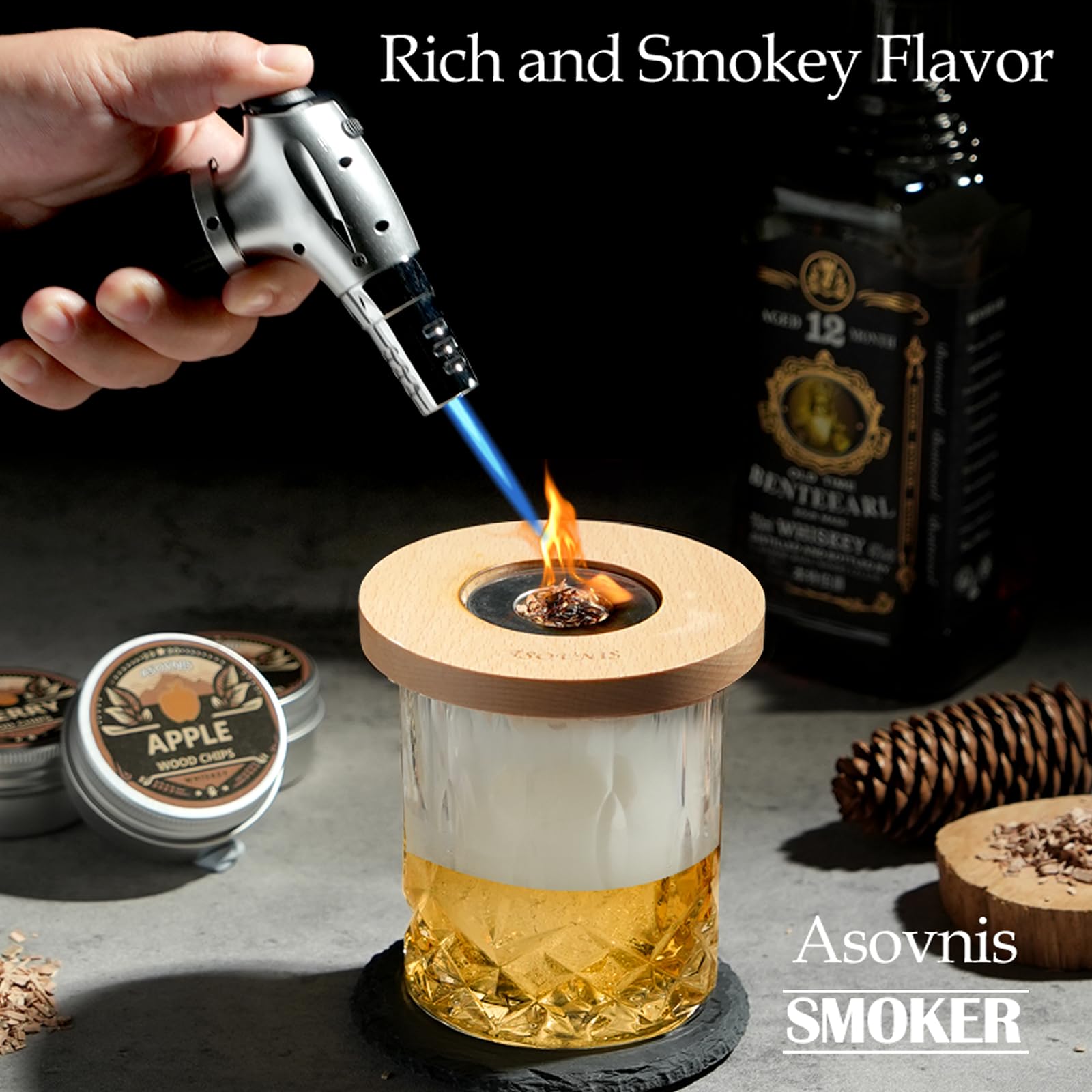 Asovnis Whiskey Smoker Kit flavors chips display six wood varieties for rich infusions