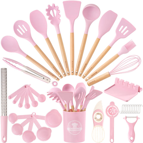 Astercook 39-piece pink silicone utensils set for versatile nonstick cooking.