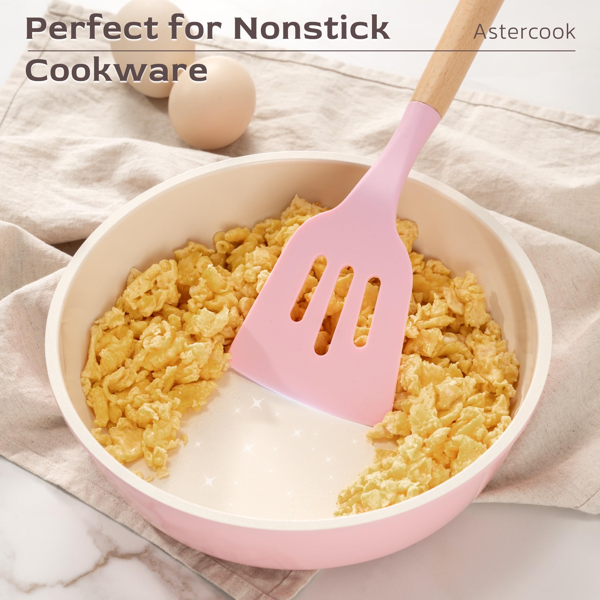 Astercook heat-resistant utensils withstand up to 446°F for high-heat cooking.