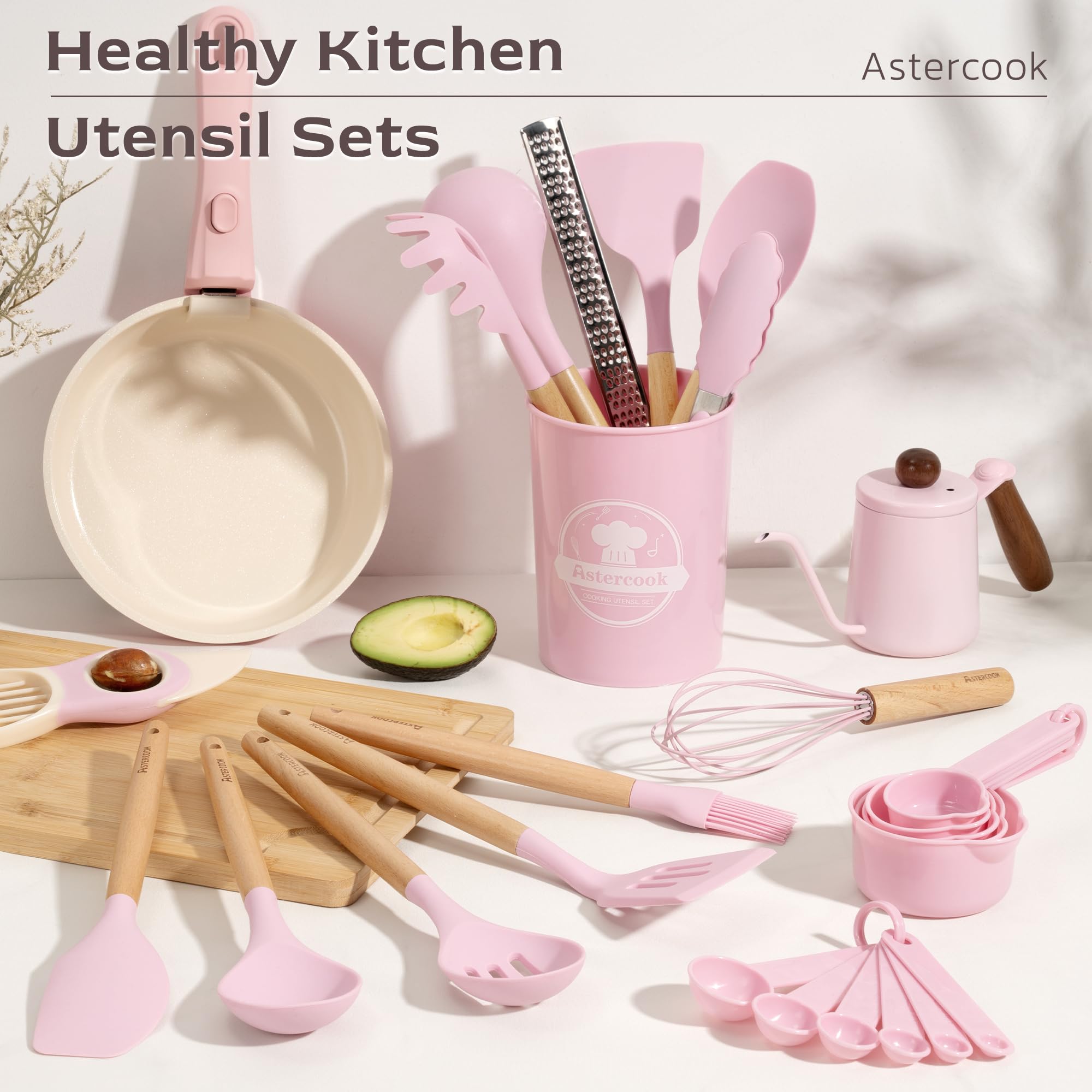 Astercook silicone utensils with wooden handles close-up showing comfortable grip.