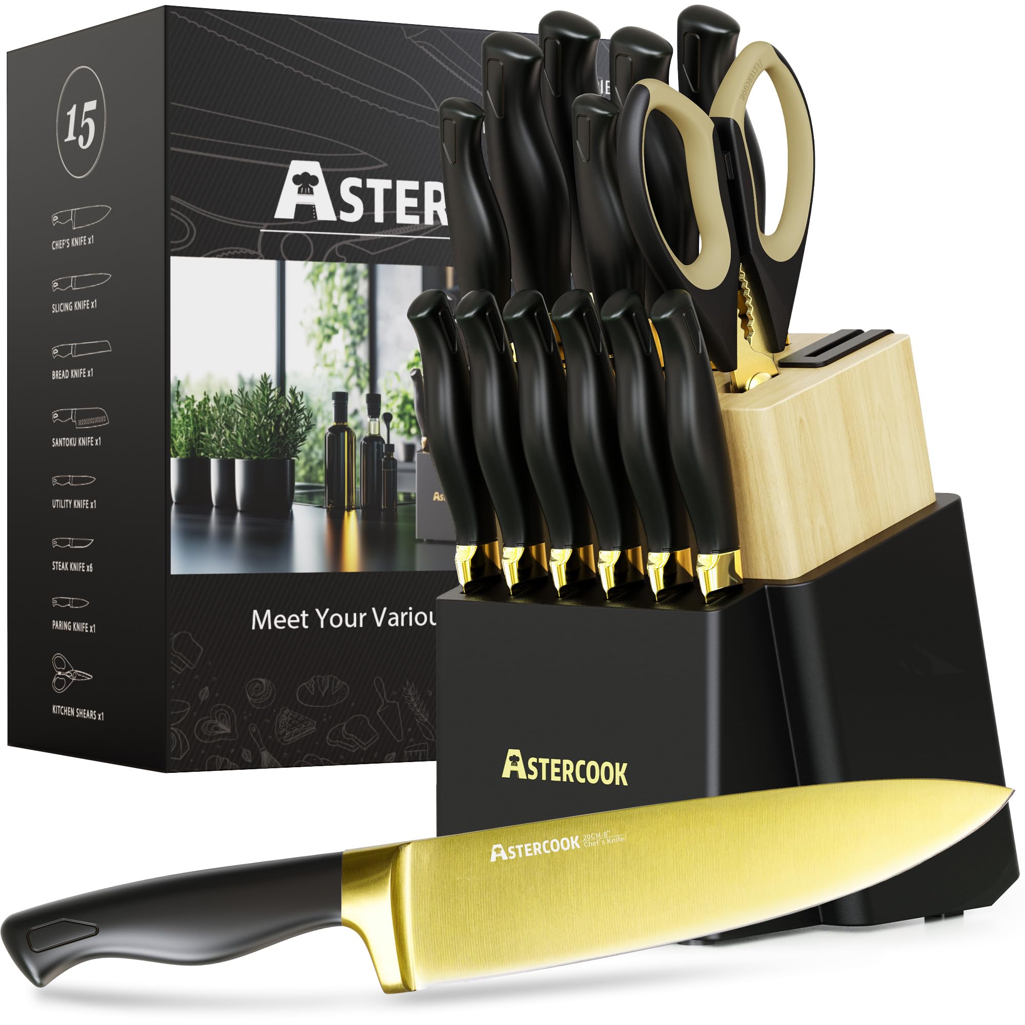Astercook 15-piece knife set in block with built-in sharpener