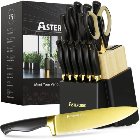 Astercook 15-piece knife set in block with built-in sharpener
