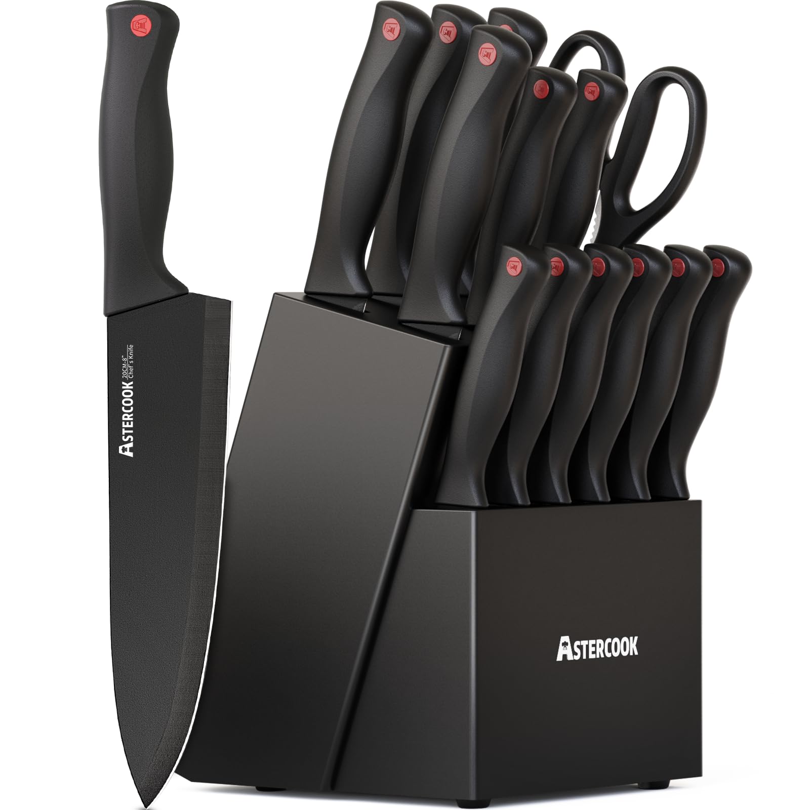 Astercook 15-piece knife set in block with built-in sharpener for quick maintenance