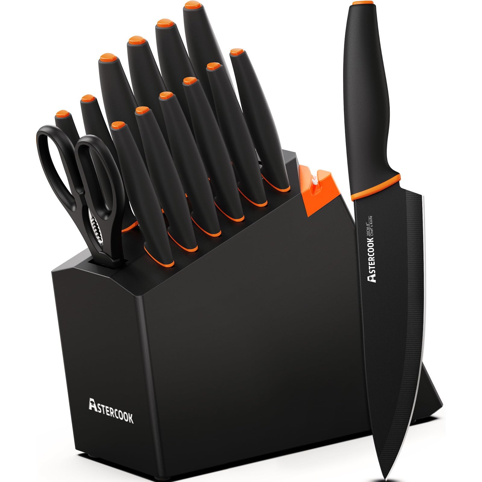 Astercook 15-piece knife set with built-in sharpener shown on a counter, ready for use.