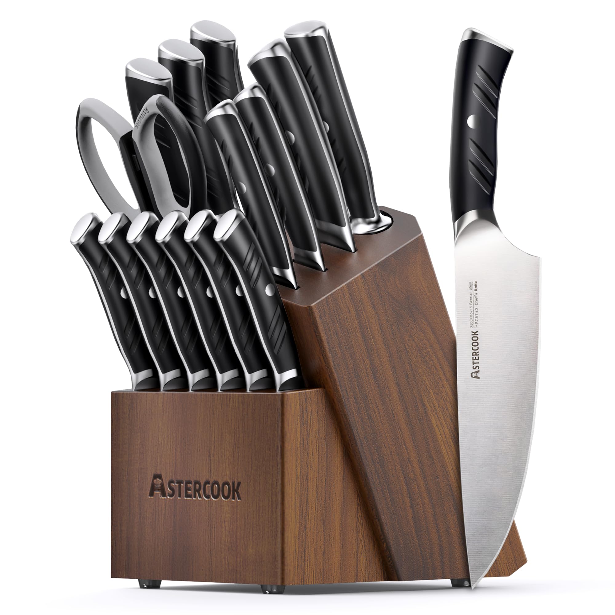 Astercook 15-piece knife set in a hardwood block ready for organized kitchen prep.