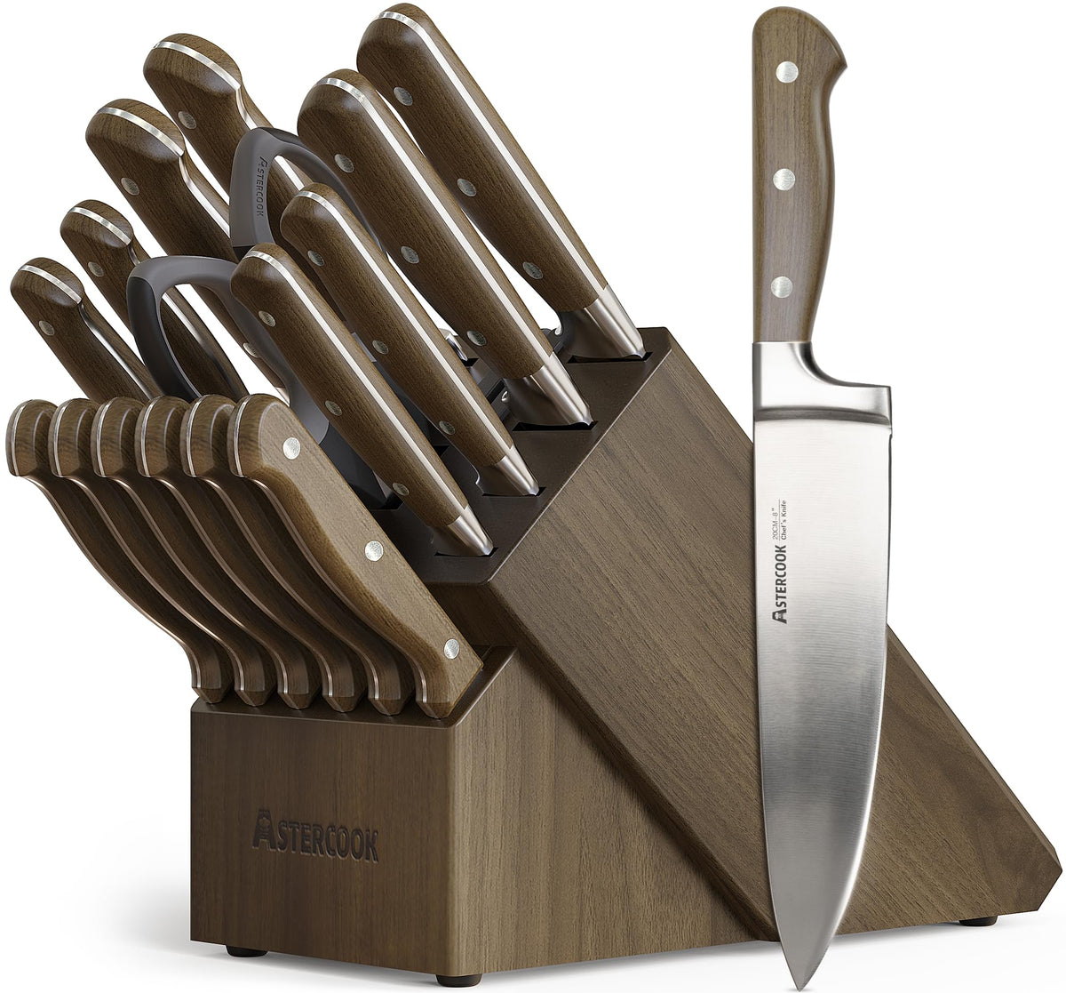 Astercook 17-piece forged knife set block shown for organized storage and quick access.