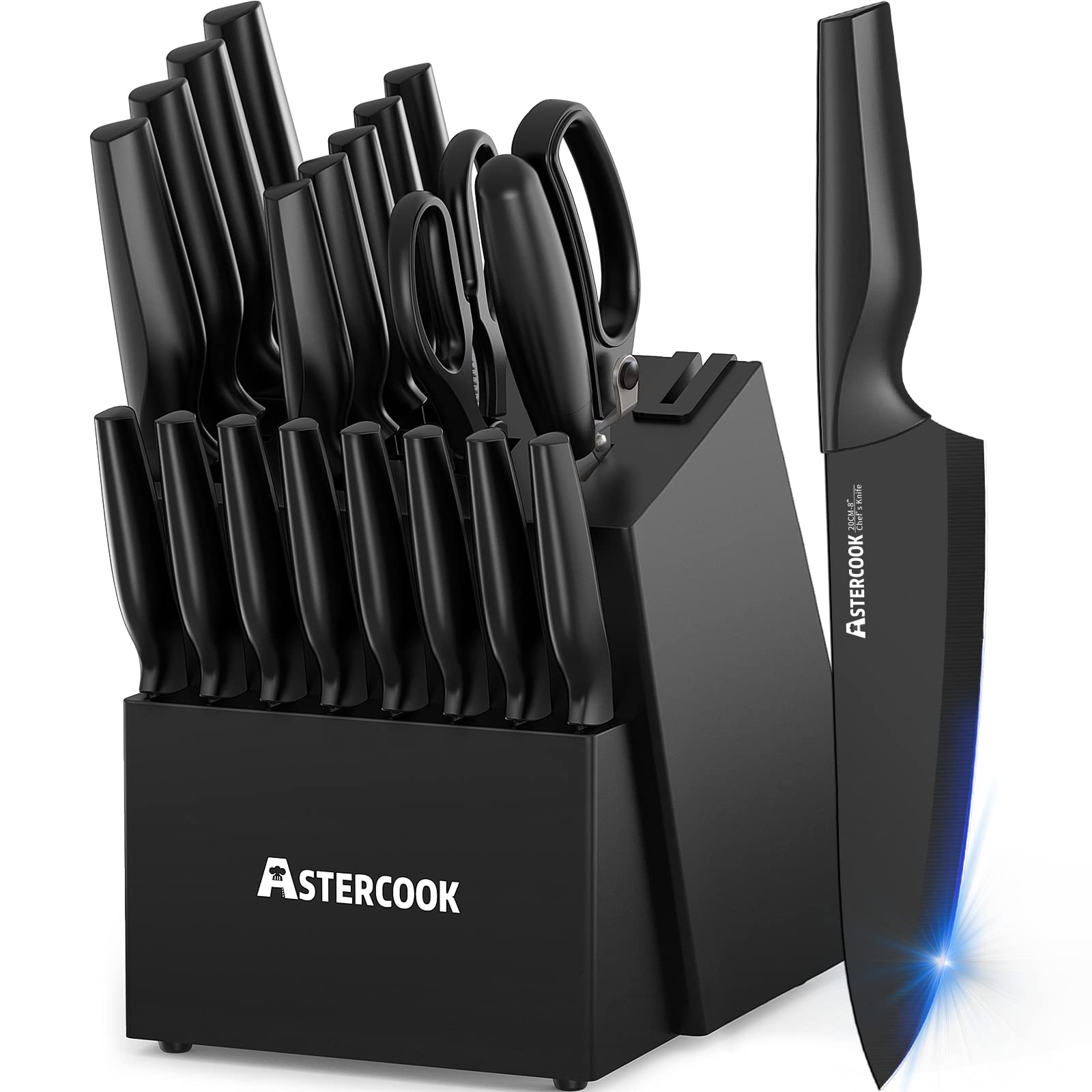 Astercook 21-piece knife set in block with built-in sharpener for quick edge touch-ups.