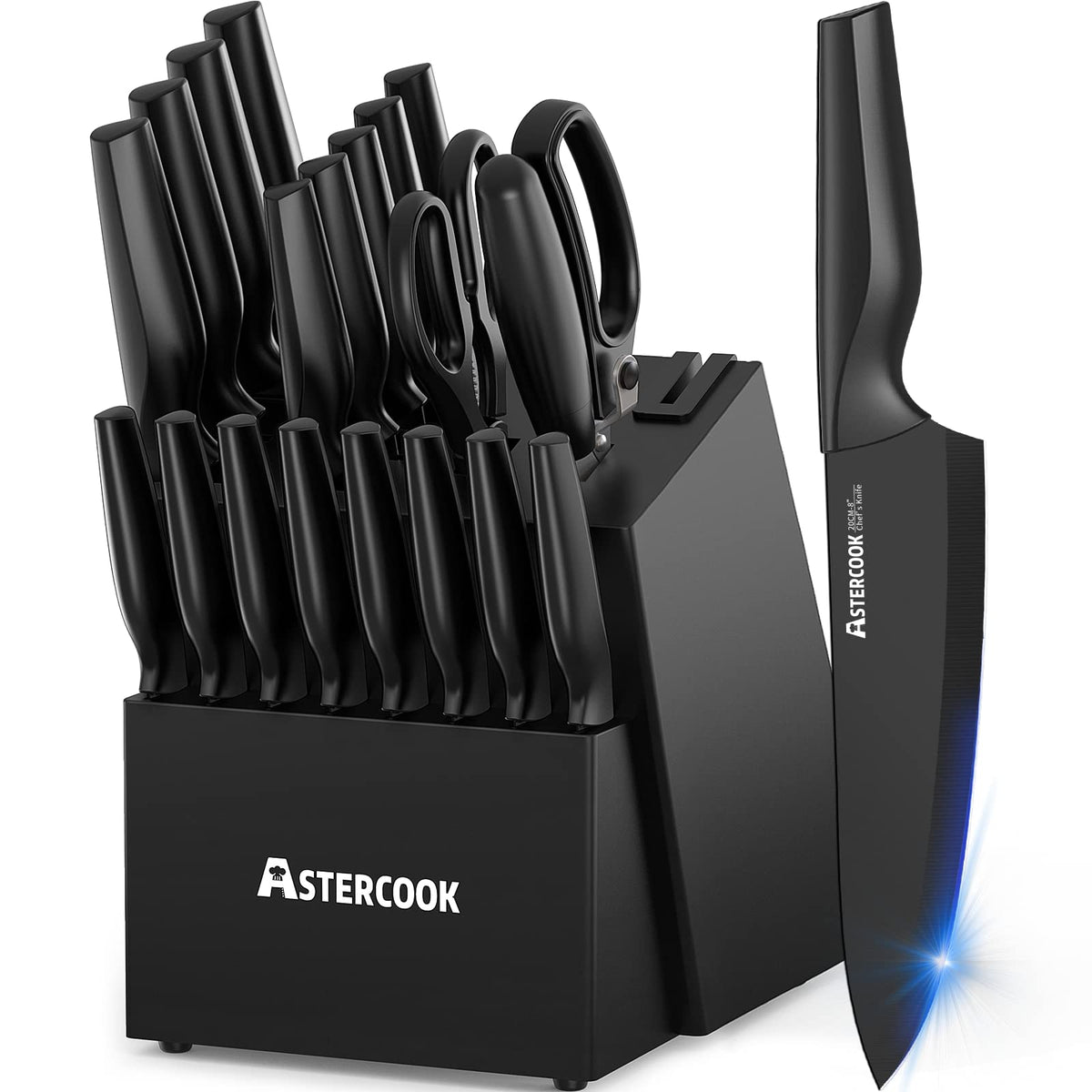 Astercook 21-piece knife set in block with built-in sharpener for quick edge touch-ups.
