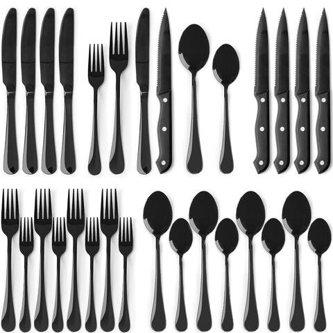 Astercook 24-piece black silverware set with steak knives for durable everyday dining.