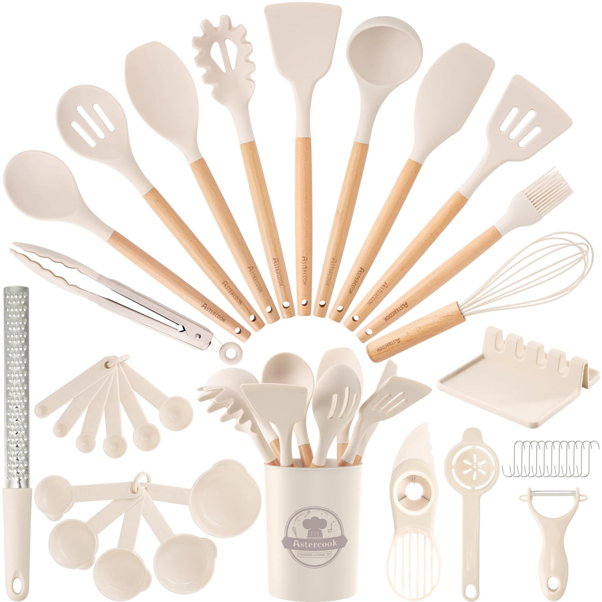 Astercook 39-piece silicone utensils set with wooden handles in cream for versatile cooking tools