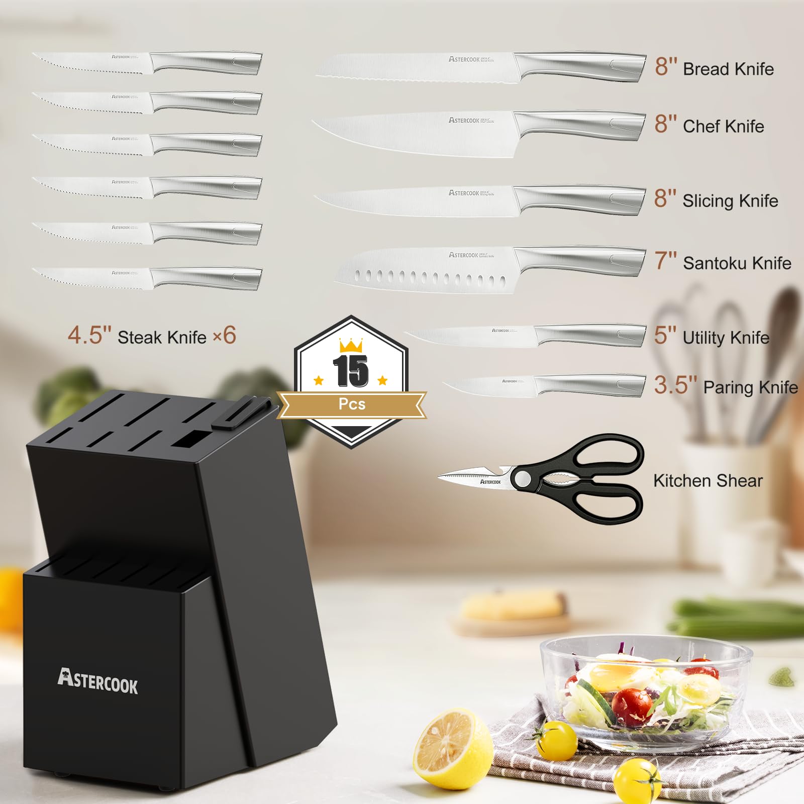 Astercook 6-piece serrated steak knives arranged for dining.