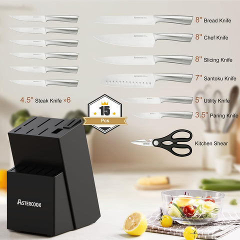 Astercook 6-piece serrated steak knives arranged for dining.