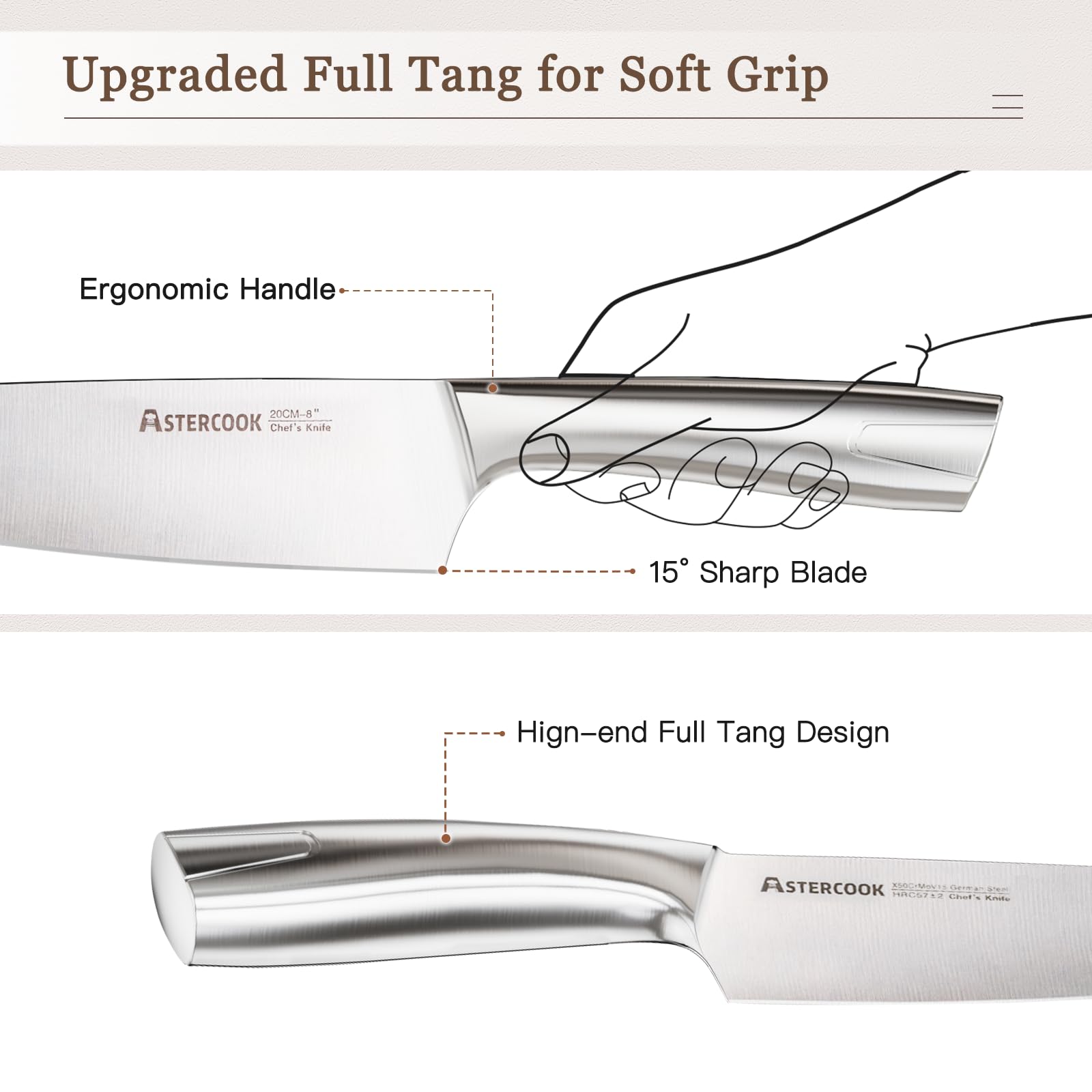 Astercook 7-inch Santoku knife with razor edge for clean mincing.