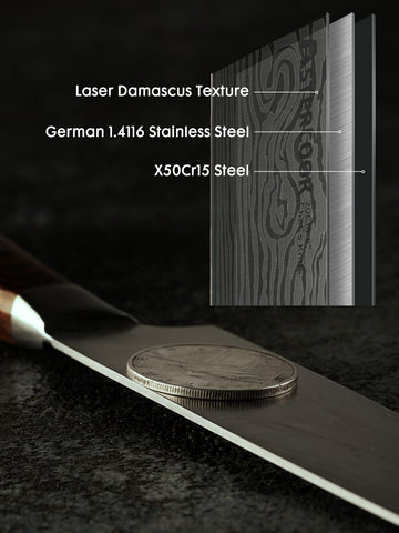 Astercook 8-inch chef knife blade close-up reveals sharp German stainless steel edge.
