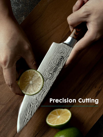 Astercook 8-inch chef knife cutting meat fillet with precision.