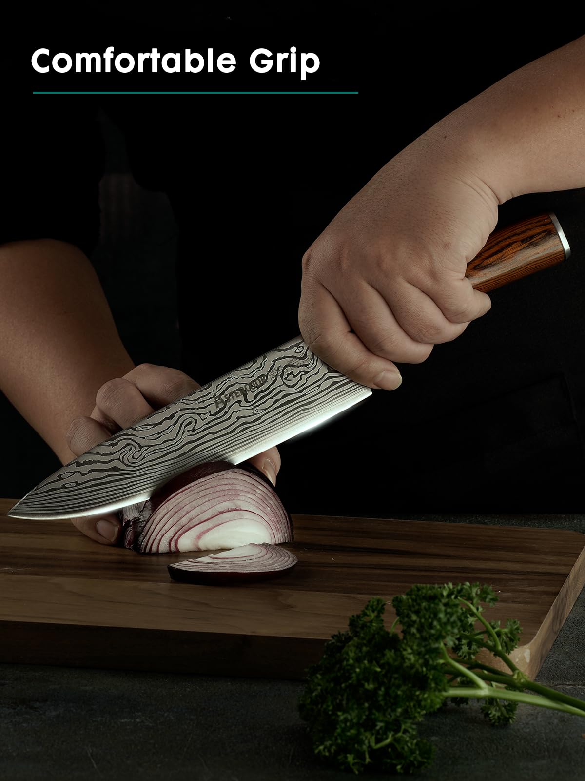 Astercook 8-inch chef knife lifetime warranty seal communicates lasting quality.