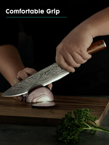 Astercook 8-inch chef knife lifetime warranty seal communicates lasting quality.