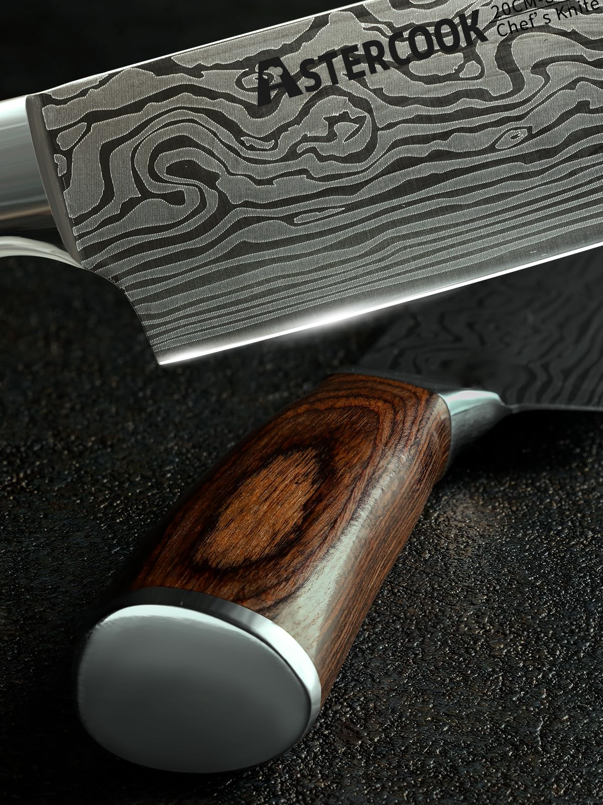 Astercook 8-inch chef knife slicing vegetables in a busy kitchen scene.