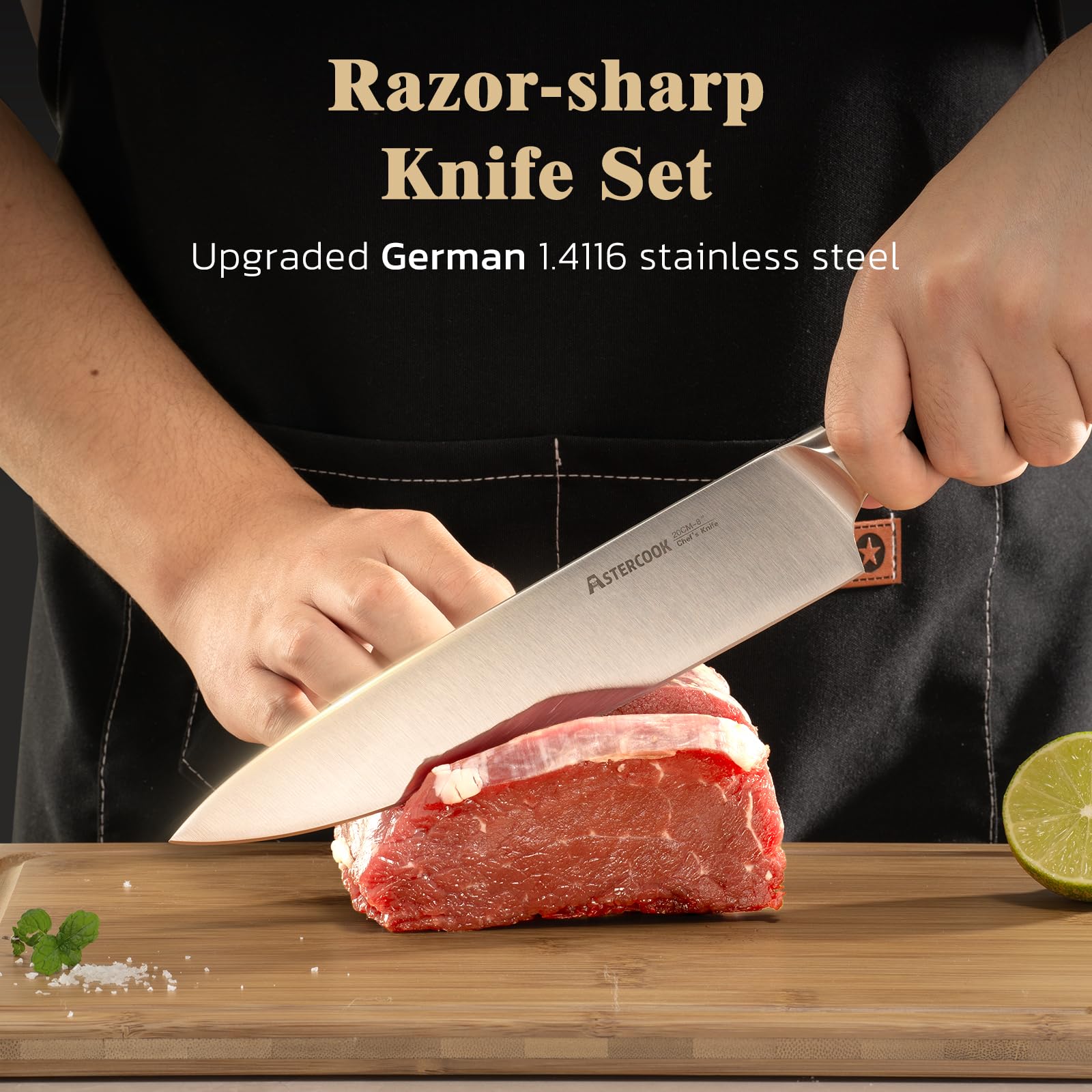 Astercook 8 inch chef knife delivering precise, smooth slicing.