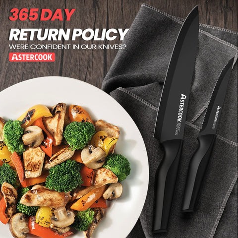 Astercook 8-piece serrated steak knives neatly arranged.