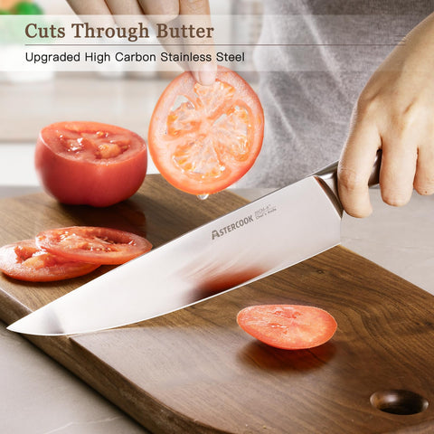 Astercook 8-inch slicing knife in action for precise cuts.