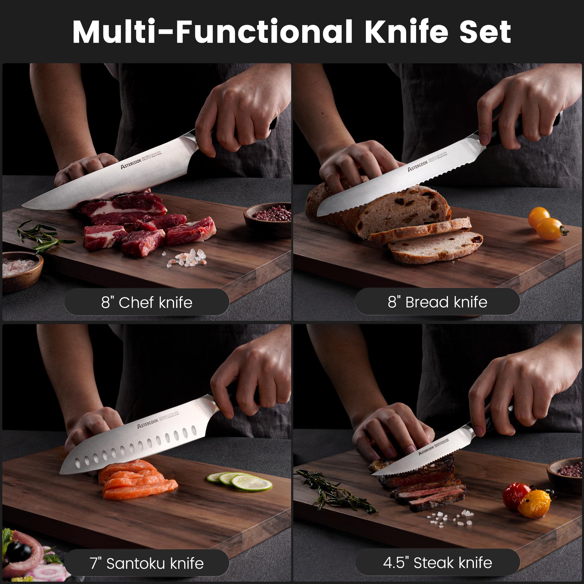 Astercook 8-inch serrated bread knife slices crusts with ease.