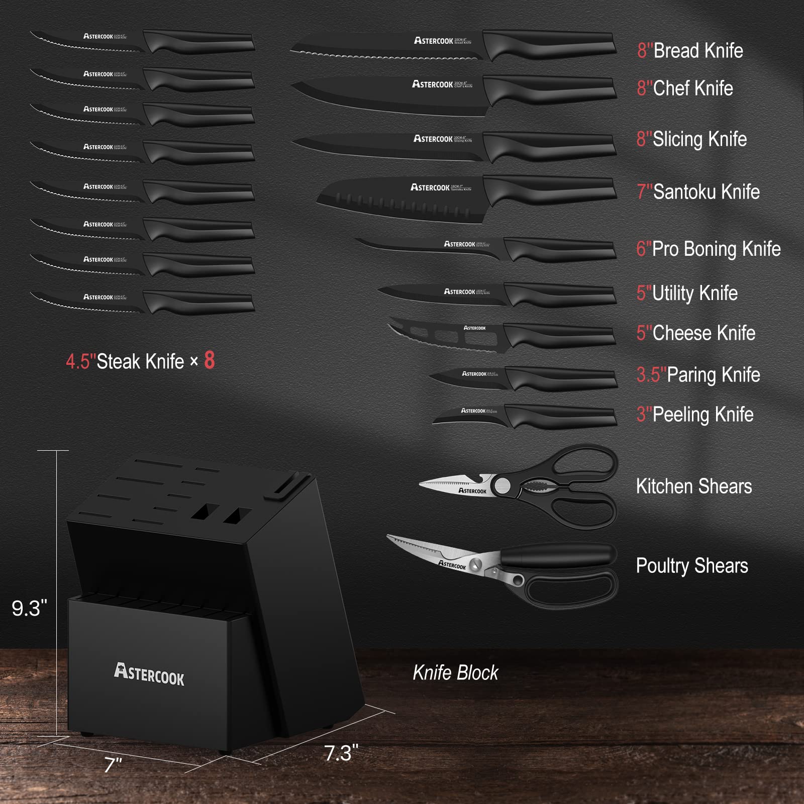 Astercook knife set with black non-stick coating for rust resistance.