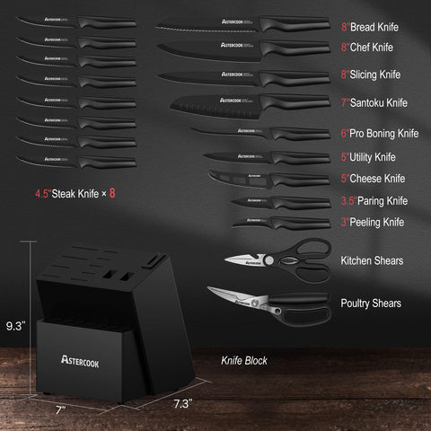 Astercook knife set with black non-stick coating for rust resistance.