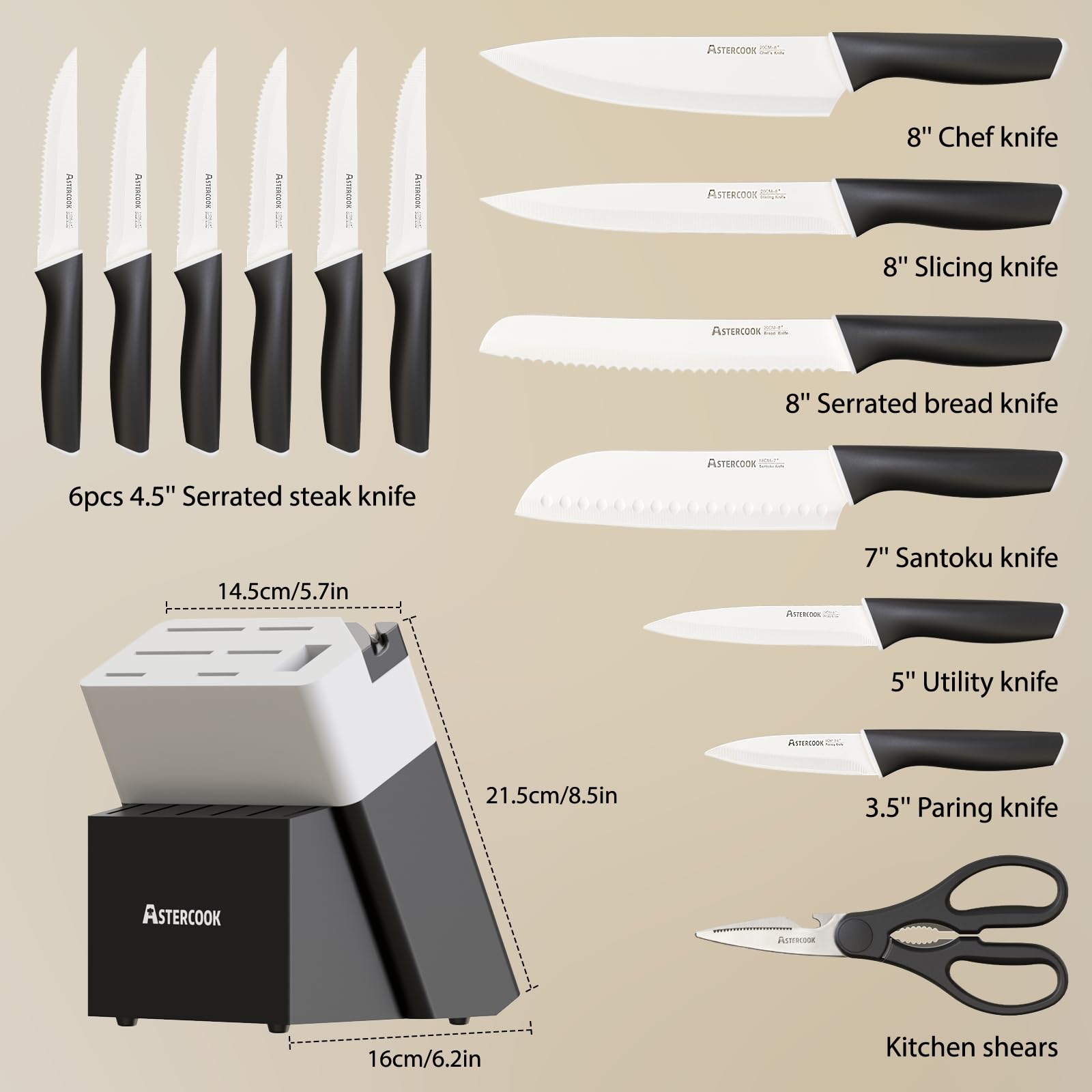 Astercook black wood block keeps blades organized with built-in sharpener.