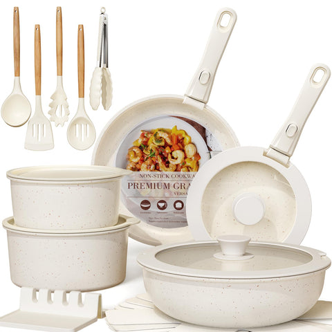 Astercook ceramic nonstick 21-piece set, pots and pans in a compact kitchen layout for easy cleanup.