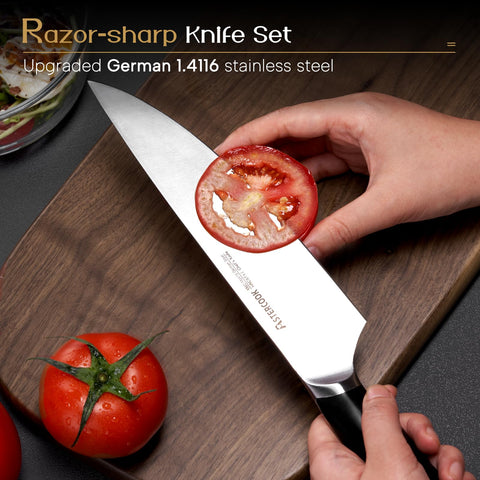 Astercook 8-inch chef knife blade close-up showing sharp edge and full tang.