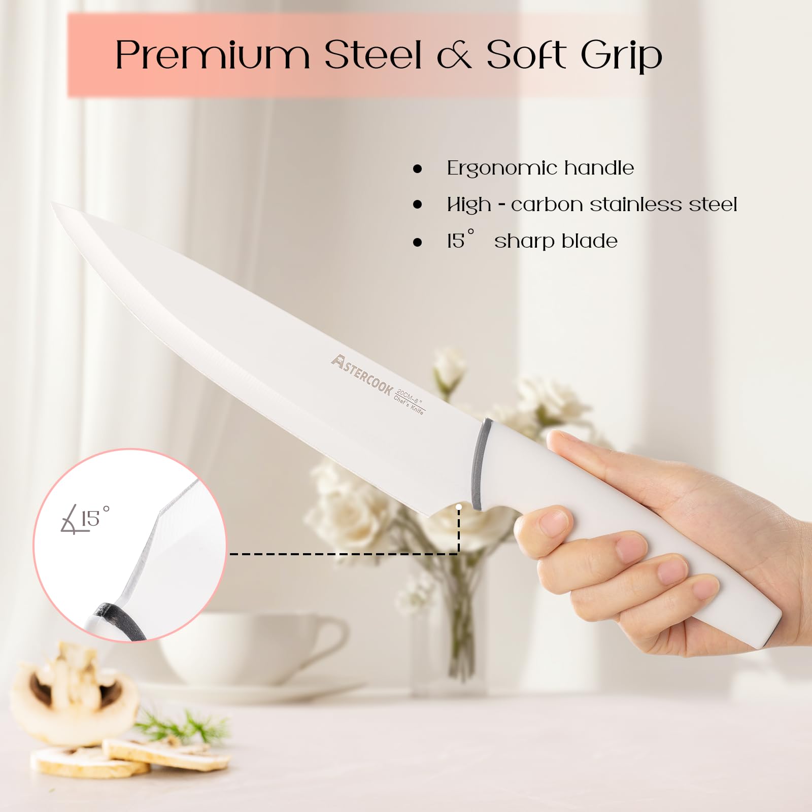 Astercook dishwasher-safe knives simplify cleanup after busy weeknights.