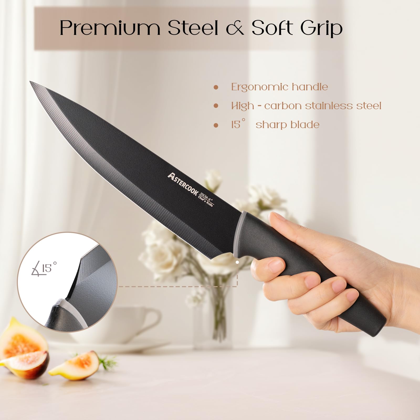 Astercook ergonomic handle close-up for balanced control and reduced fatigue