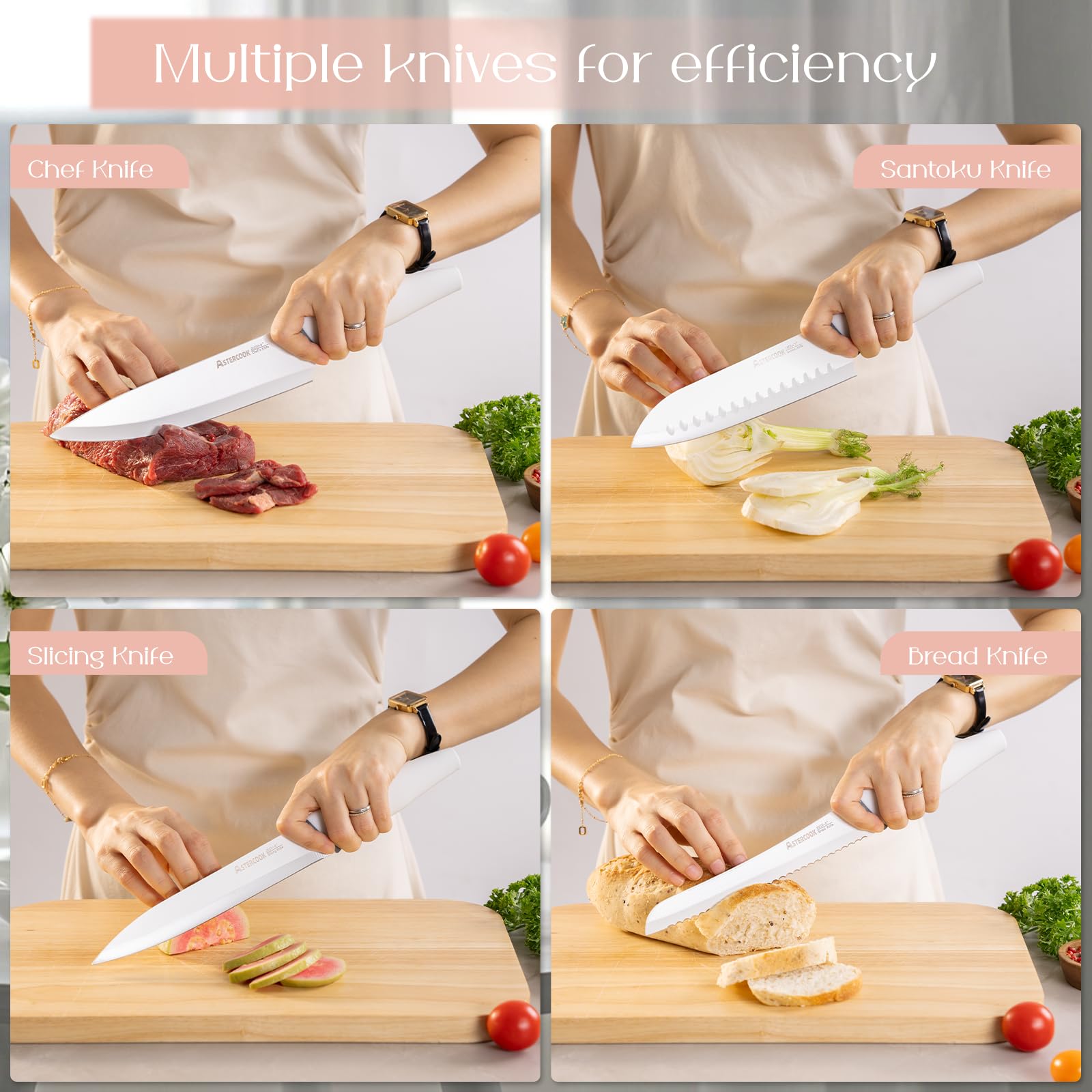 Astercook ergonomic handles reduce hand fatigue during long prep sessions.