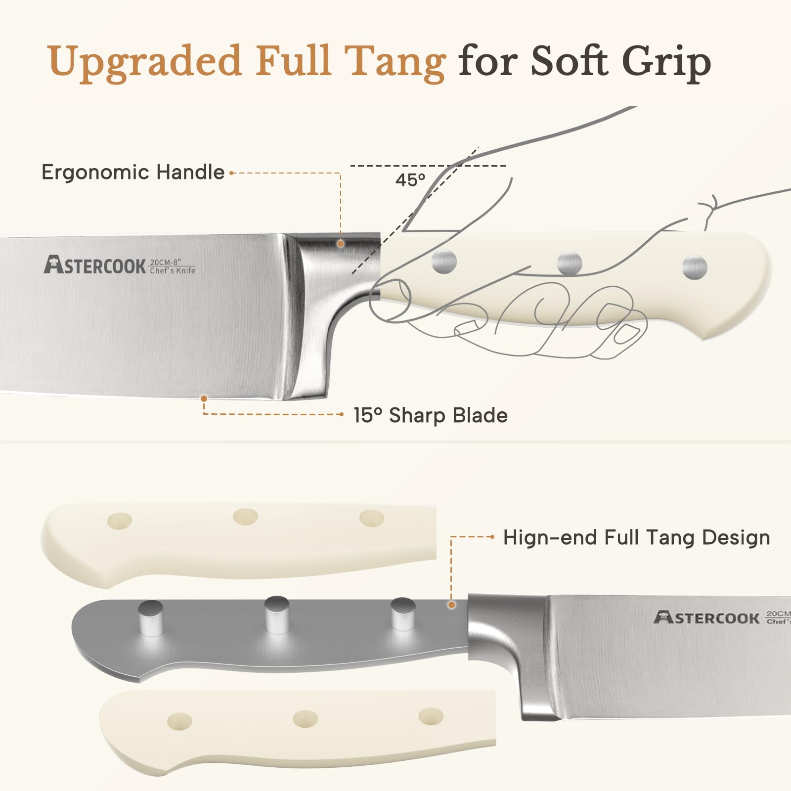 Astercook full-tang-knife: full-tang design balances control and durability for precise cuts
