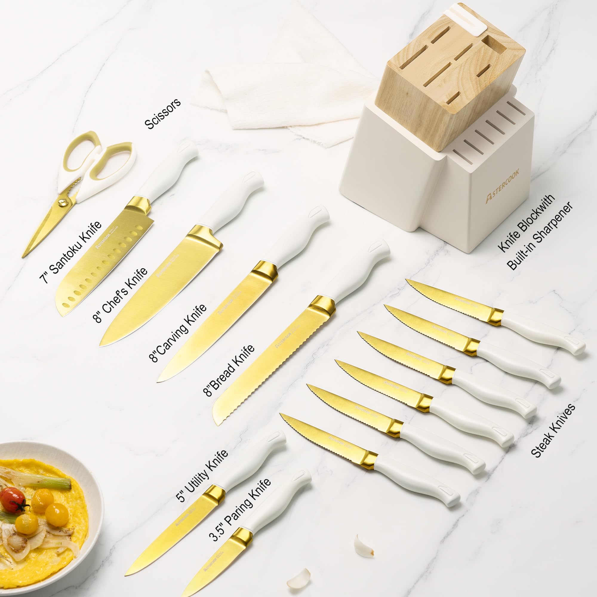 Astercook gold titanium coated blade close-up highlighting durability.