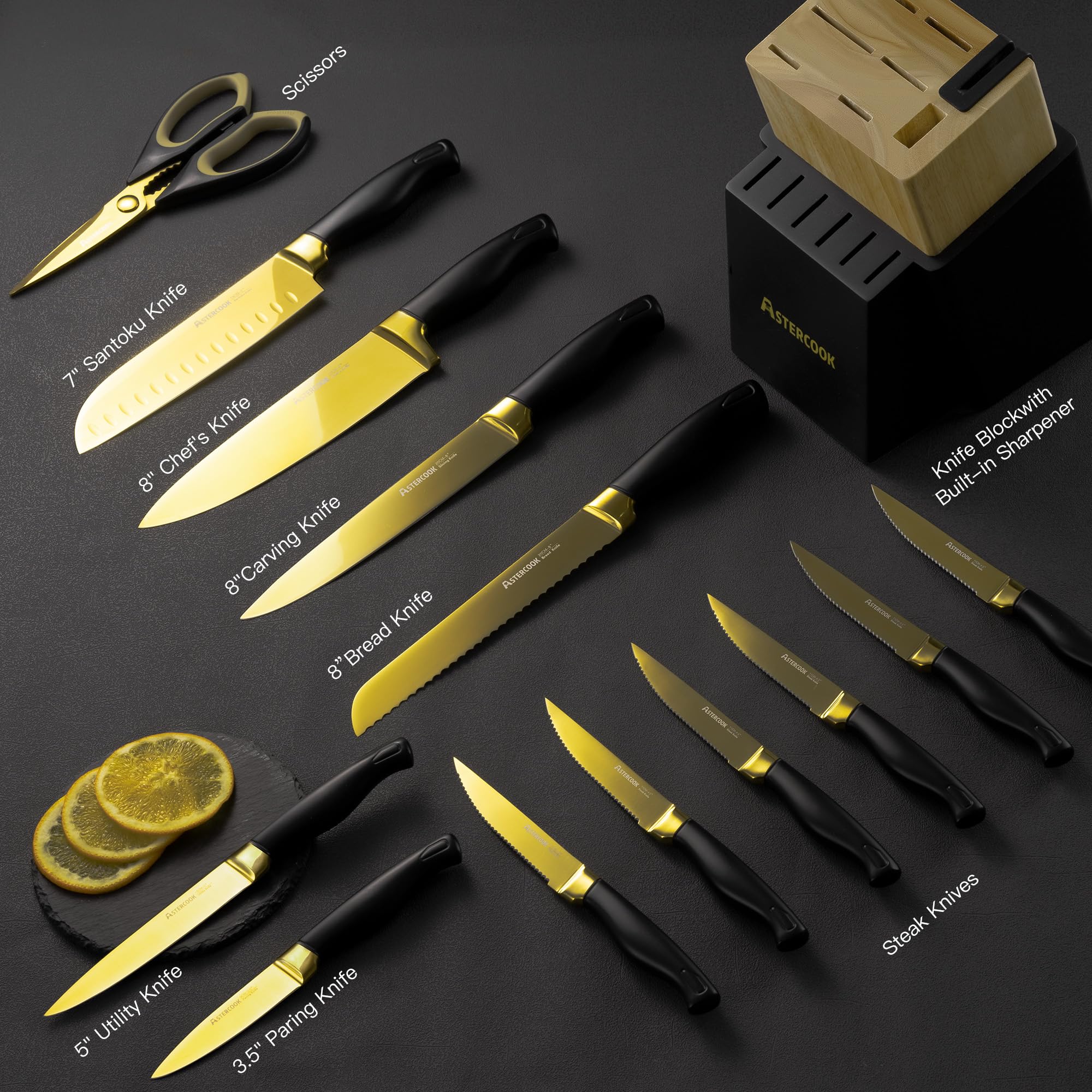 Astercook gold titanium coating close-up showing rust resistance for long-lasting edge