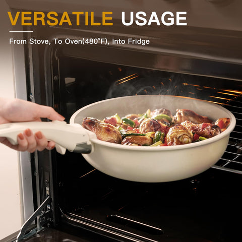 Astercook induction-ready pots and pans on a smooth stove, versatile heat compatibility.