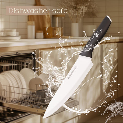 Astercook kitchen shears and six serrated steak knives organized in block.