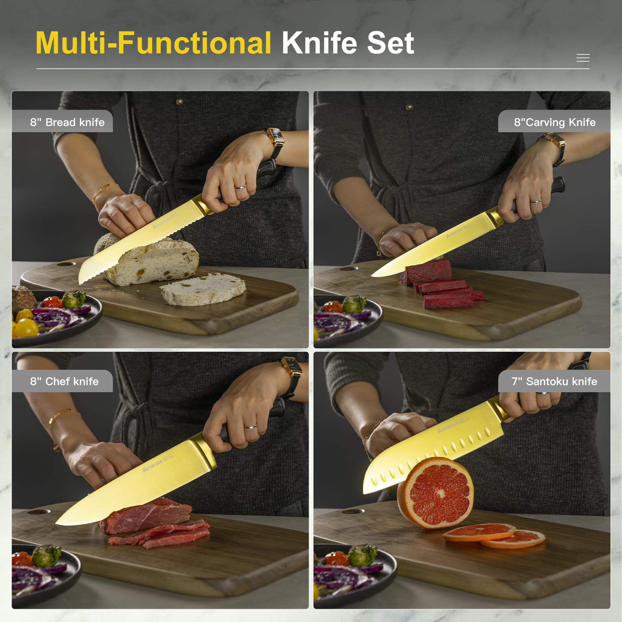 Astercook knife block with knives for organized storage and easy access