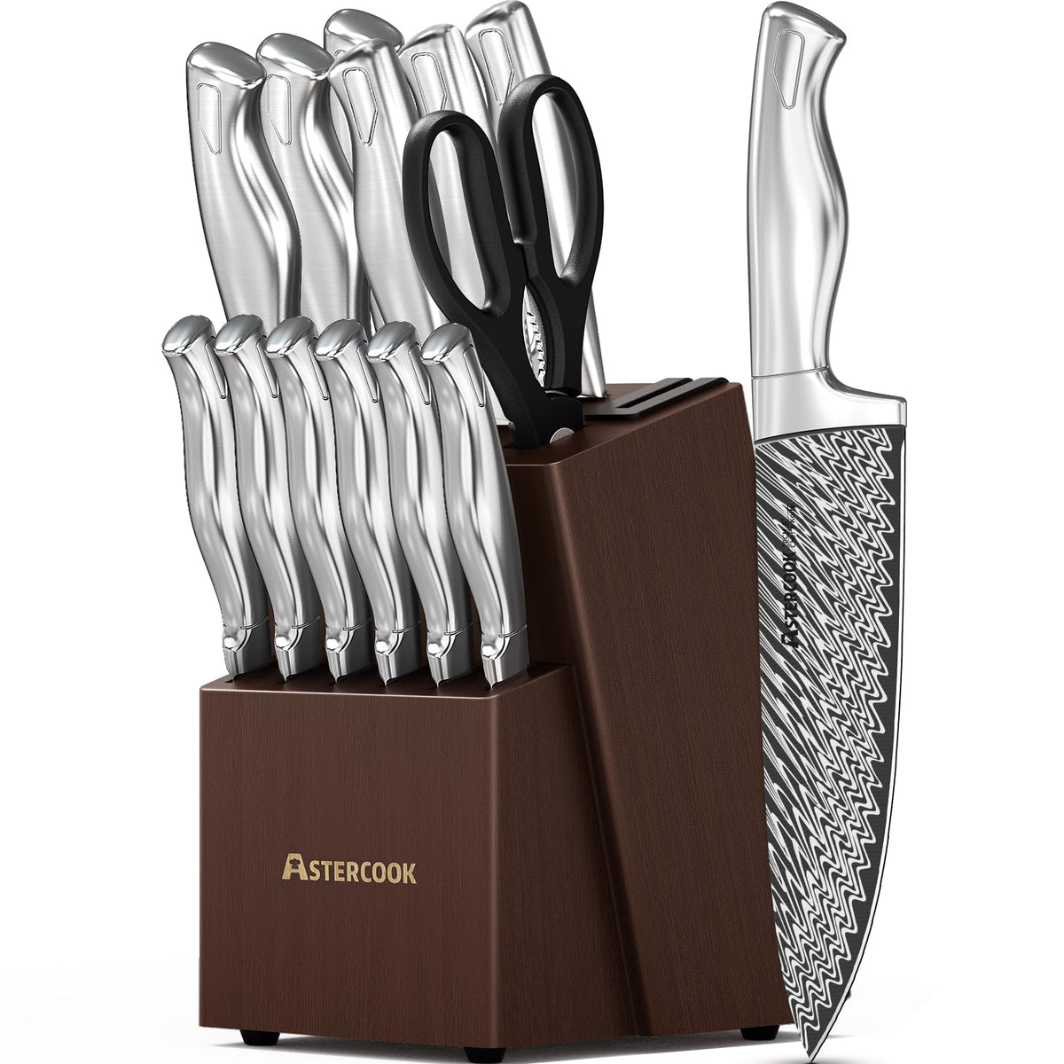 Astercook 15-piece knife set block with built-in sharpener for easy access