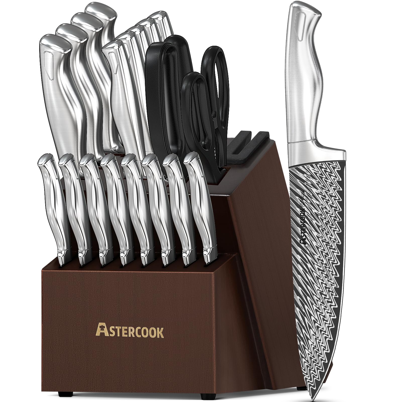 Astercook 21-piece knife set with built-in sharpener in a wooden block for easy edge maintenance.
