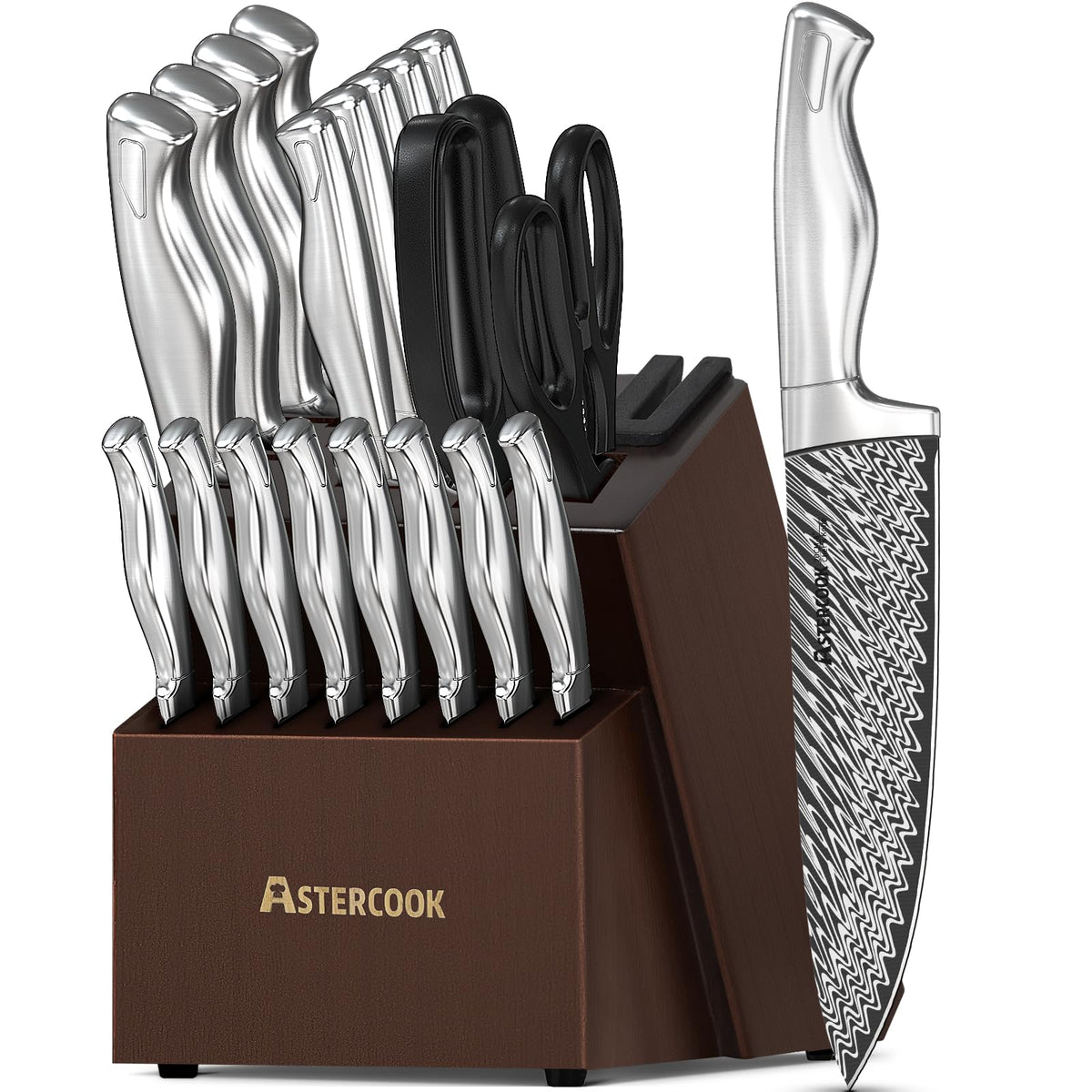Astercook 21-piece knife set with built-in sharpener in a wooden block for easy edge maintenance.