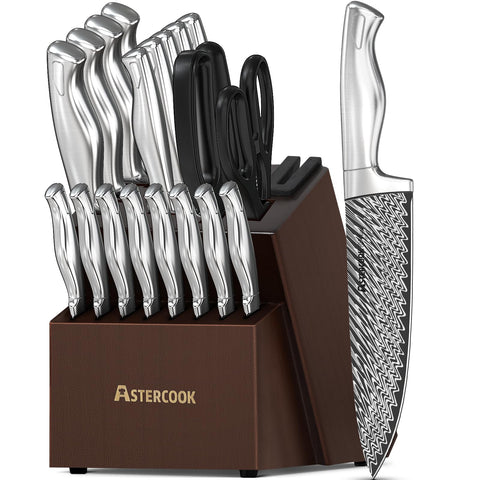 Astercook 21-piece knife set with built-in sharpener in a wooden block for easy edge maintenance.