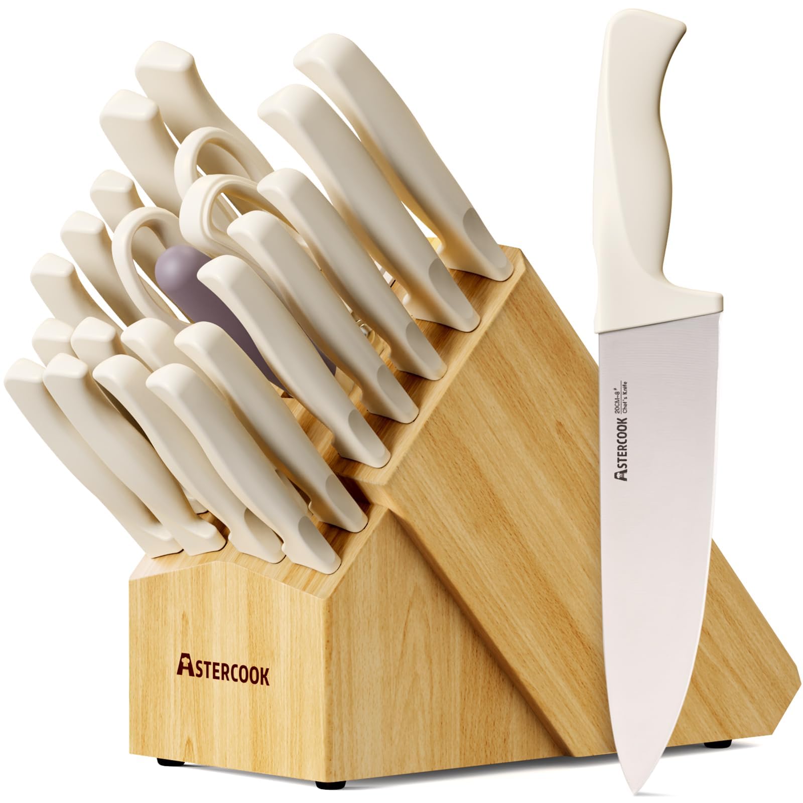 Astercook knife set in wood block with built‑in sharpener for organized storage