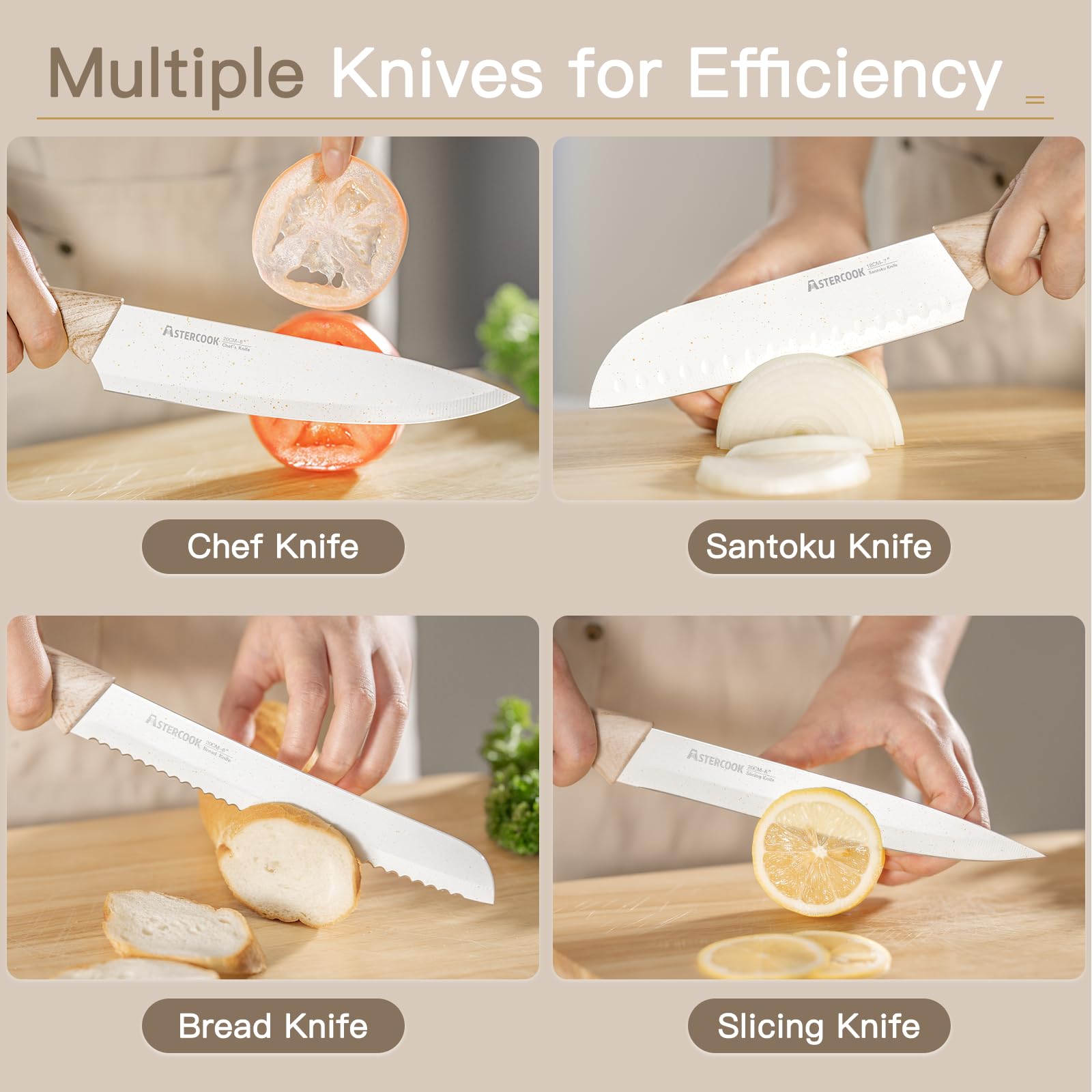 Astercook knife set with wood-pattern handles and blade guards for safe storage.